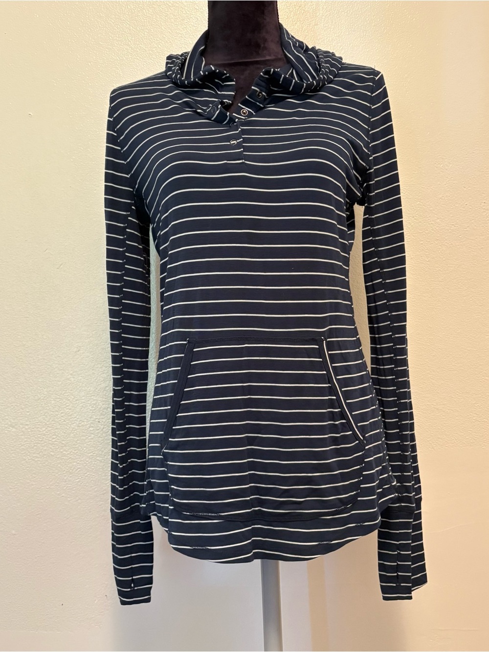 Prana Navy and White Striped Hooded Pullover